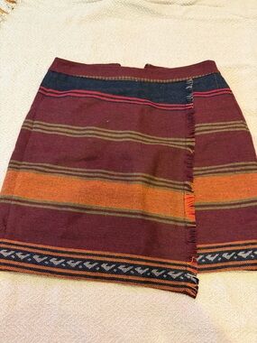 LOFT outlet Burgundy Mini Skirt with burgundy Orange and Olive Stripes Navy Trim